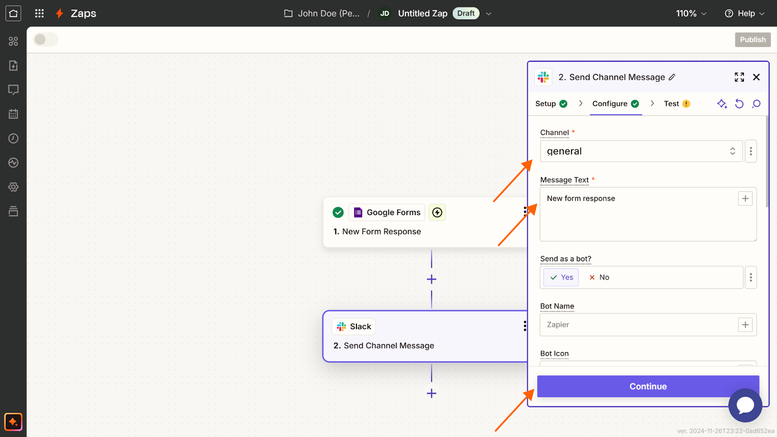 Screenshot of a Zapier Zap, with arrows pointing to the configuration fields and the "Continue" button