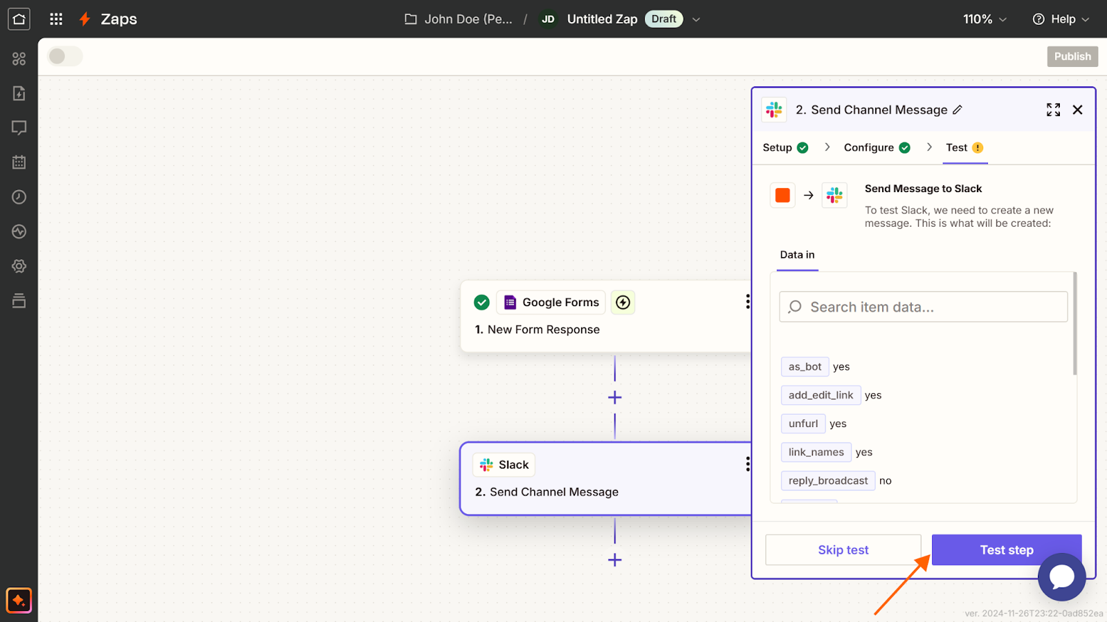 Screenshot of a Zapier Zap, with an arrow pointing to the "Test step" button