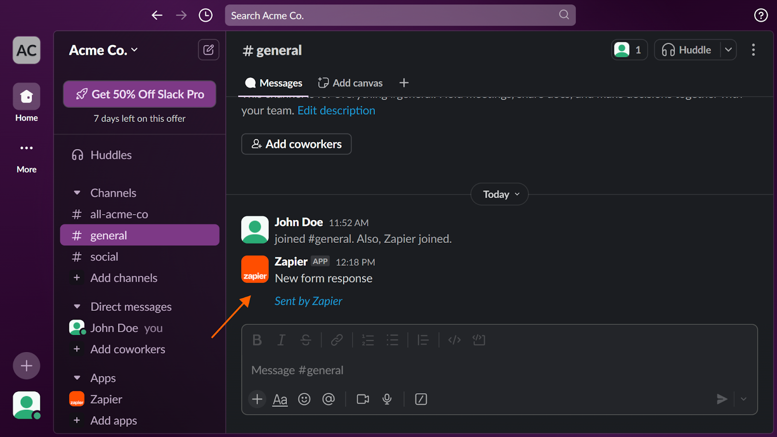 Screenshot of Slack with an arrow pointing to a Zapier notification