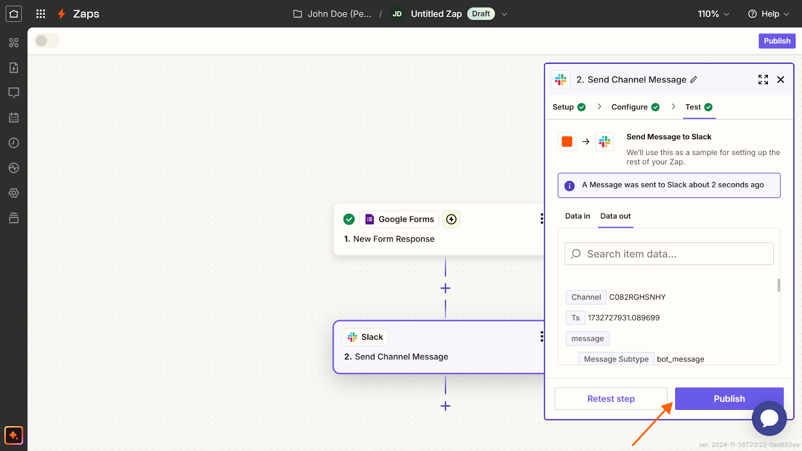 Screenshot of a Zapier Zap, with an arrow pointing to the "Publish" button