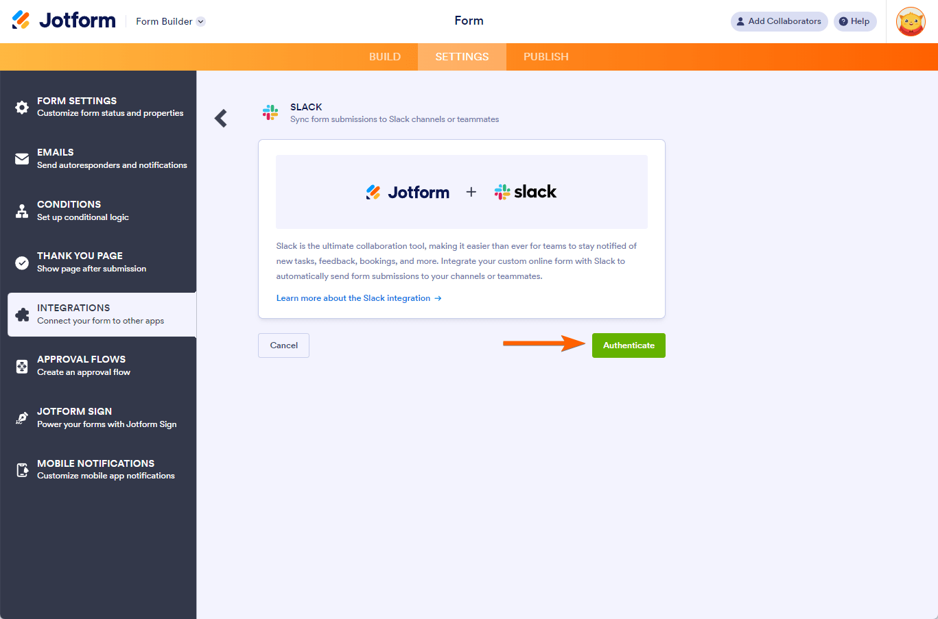 Screenshot of the Slack integration in Jotform, with an arrow pointing to the "Authenticate" button