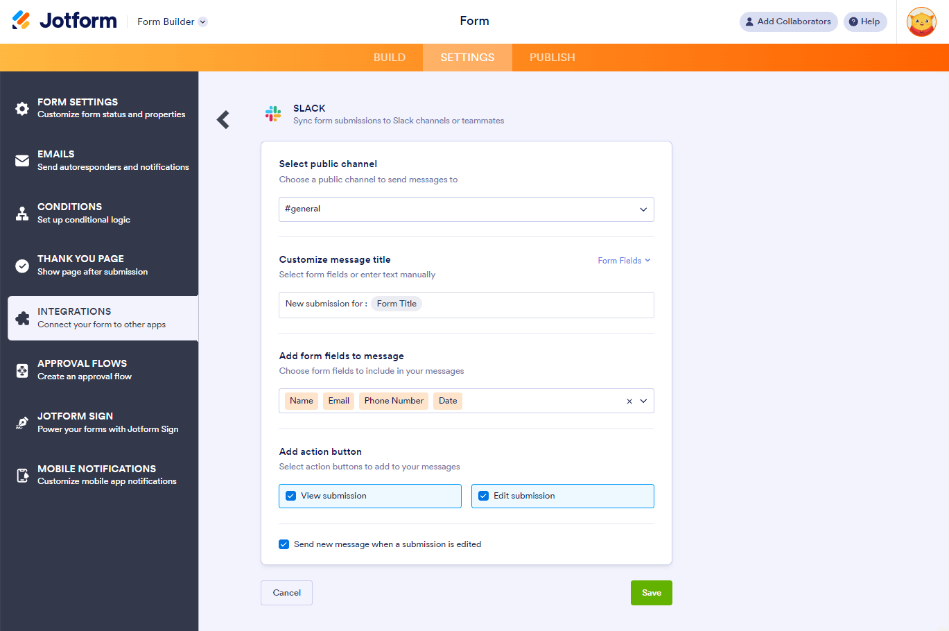 Screenshot of the Jotform Slack integration action settings for the public channel option