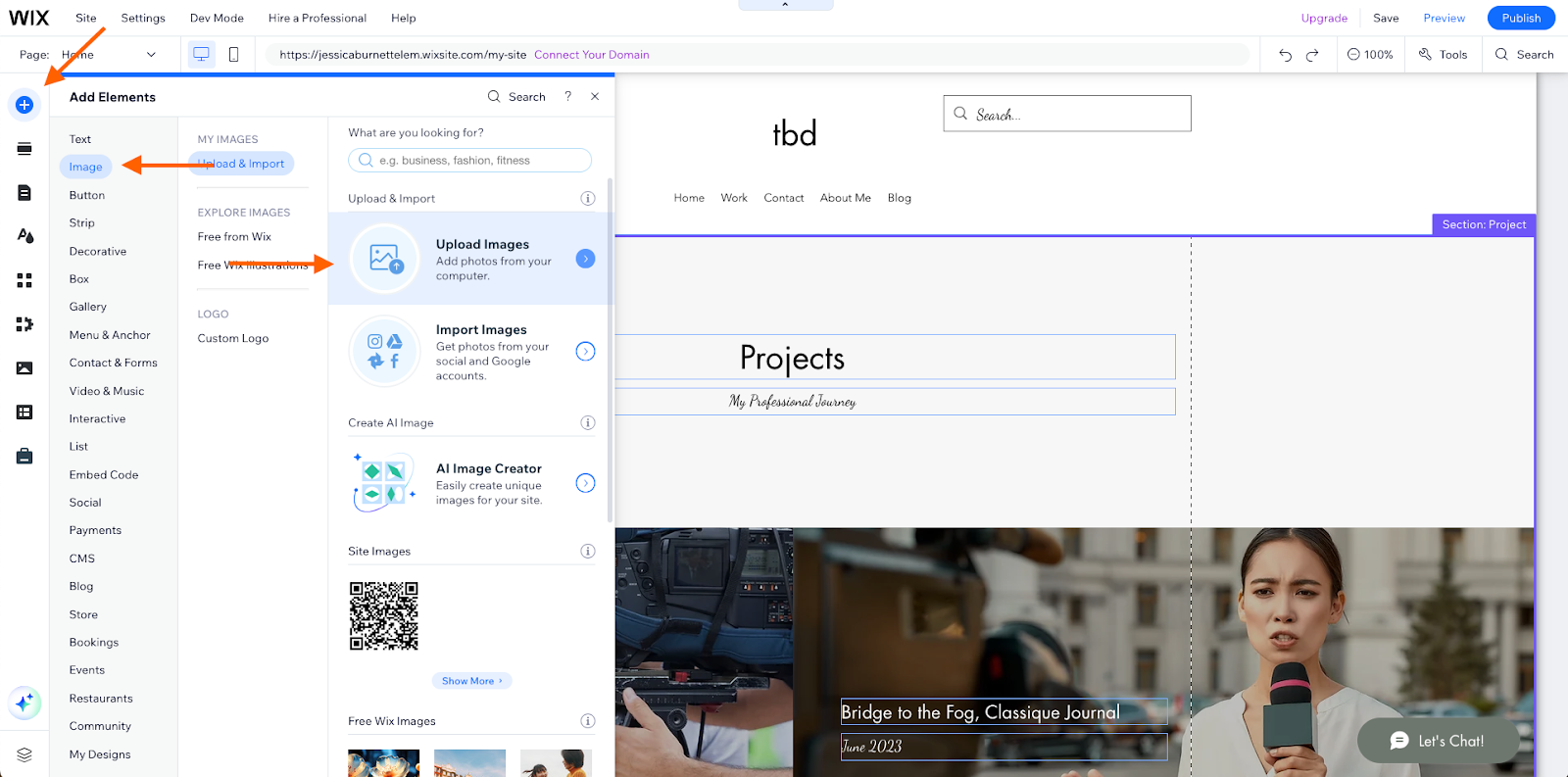 Wixの要素を追加メニューのスクリーンショット