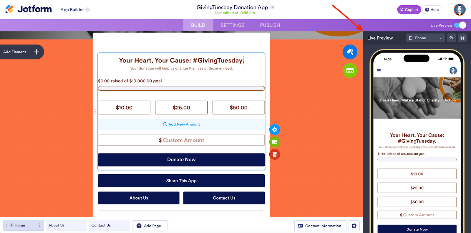 GivingTuesday Donation App in Jotform App Builder Highlighting the Live Preview
