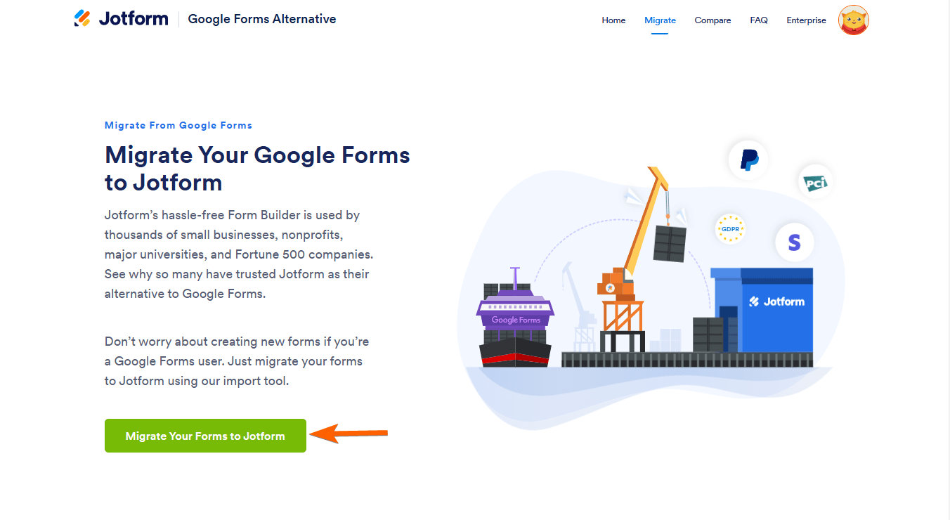 Screenshot of the Jotform Google Forms Migration tool with an arrow pointing to the "Migrate Your Forms to Jotform" button"