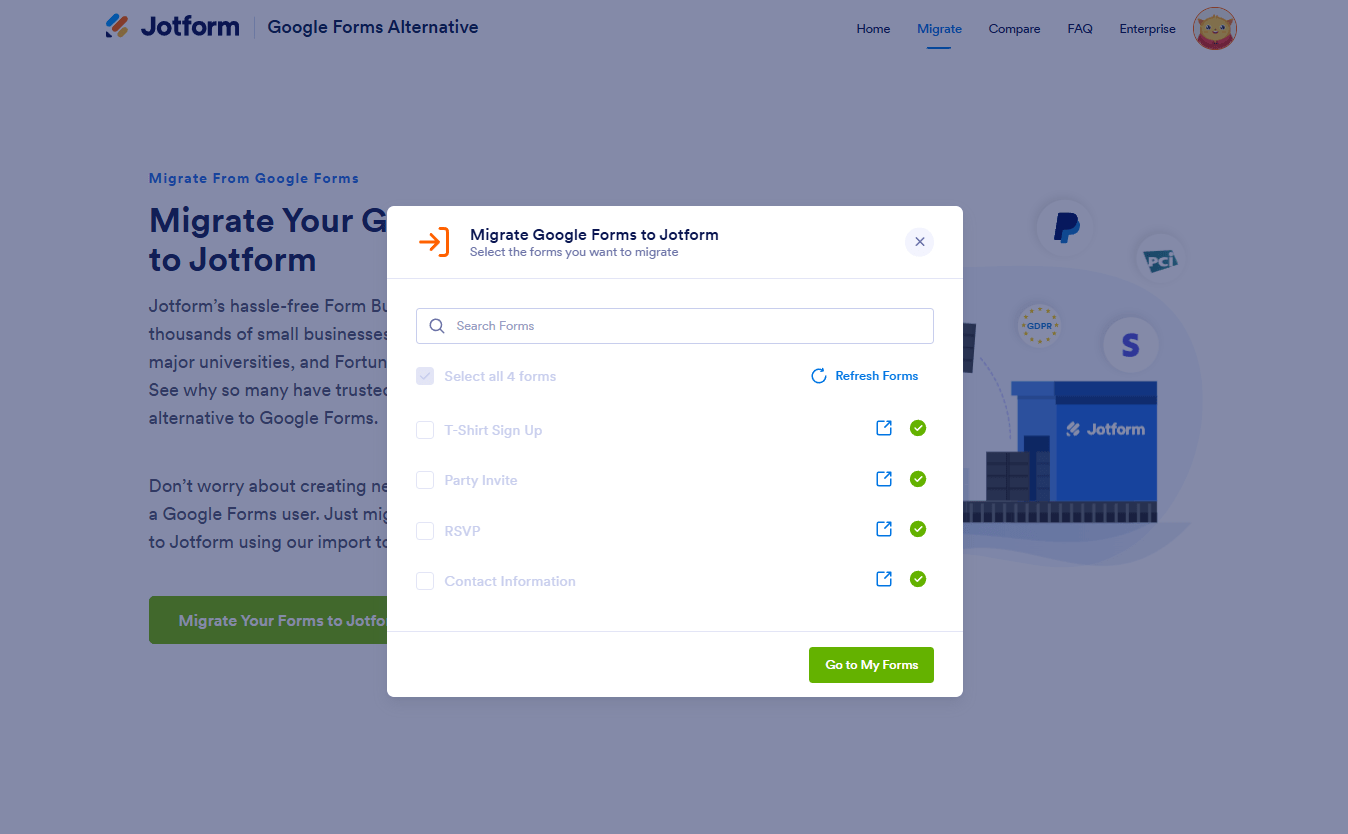 Screenshot of the Migrate Google Forms to Jotform screen, with confirmation checkmarks next to the uploaded forms