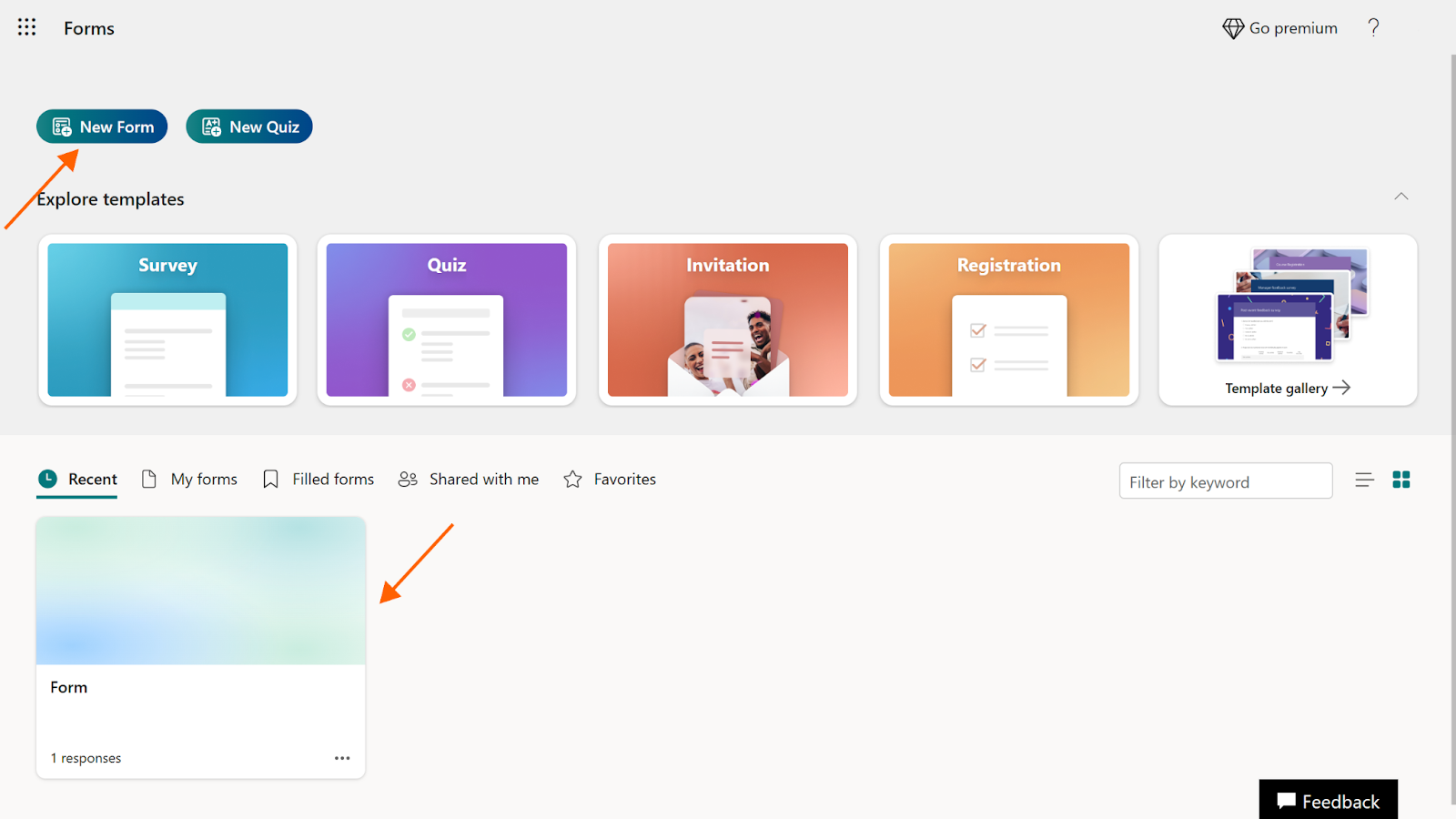 Screenshot of the Microsoft Forms homepage, with arrows pointing to the "New Form" button and an existing form
