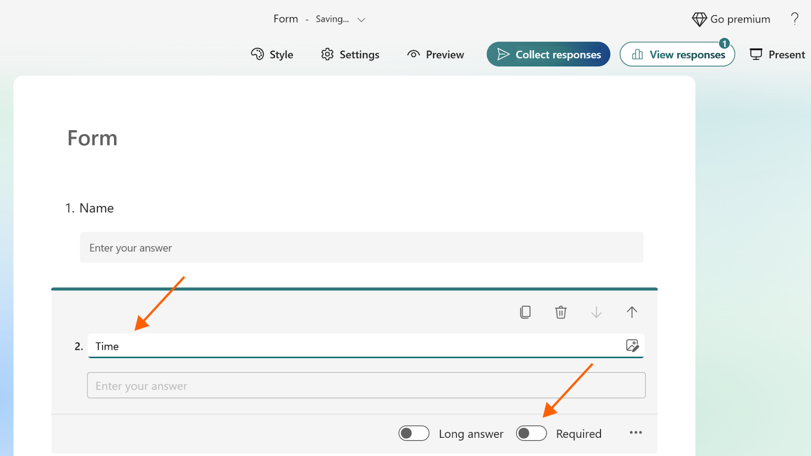Screenshot of a form in Microsoft Forms with arrows pointing to the question text box with "Time" entered in it and the "Required" toggle button