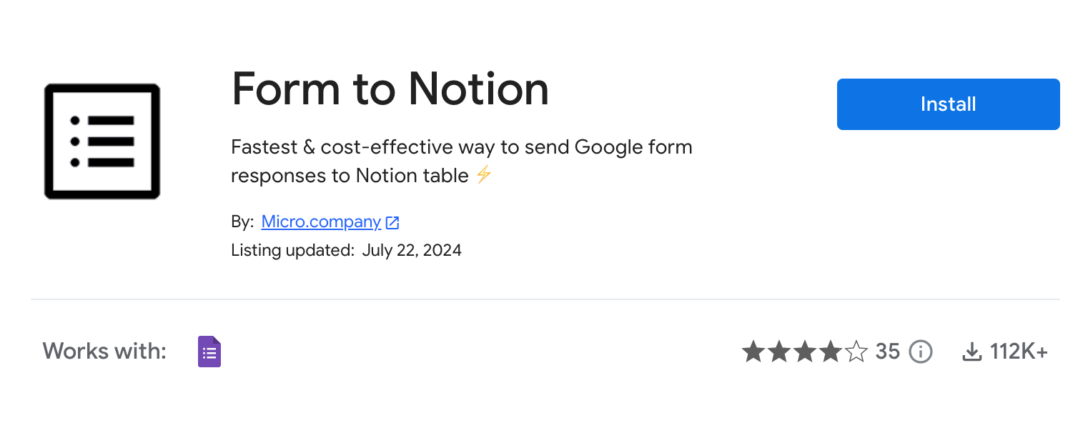 Capture d'écran du plug-in Form to Notion sur Google Workspace Marketplace