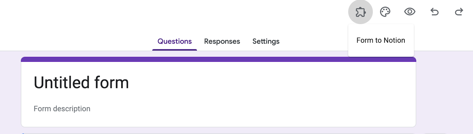 Tangkapan layar menunjukkan opsi Form to Notion di Google Forms