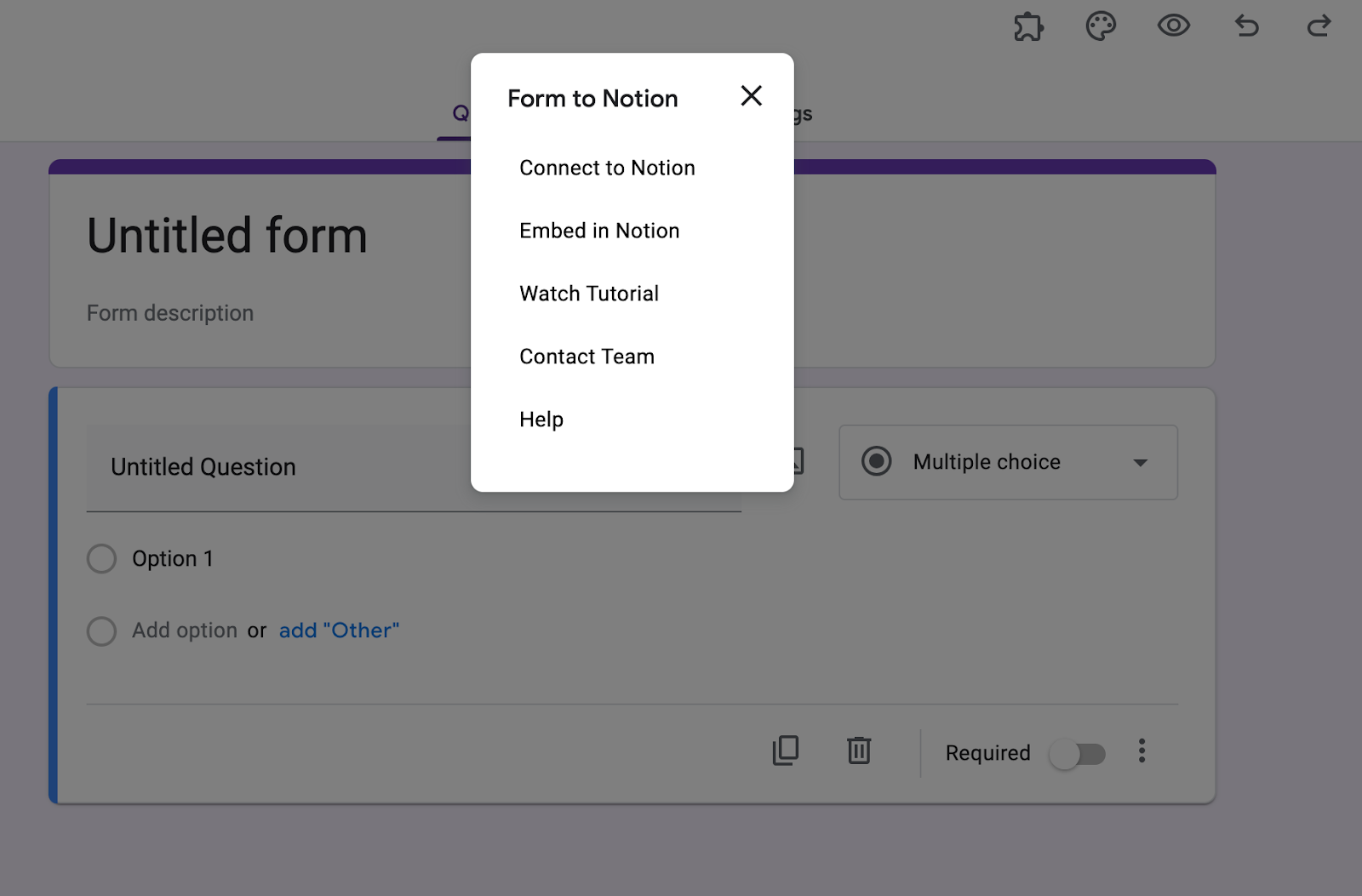 Tangkapan layar Google Form menunjukkan opsi Form to Notion dan sub-kategori