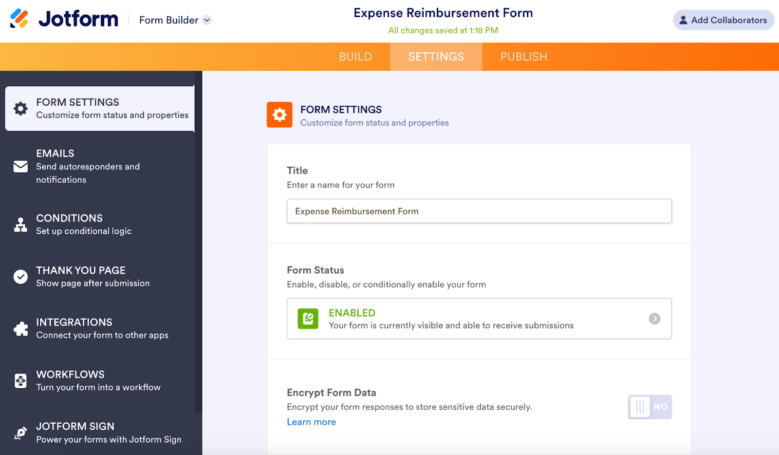Tangkapan layar halaman pengaturan Jotform Form Builder
