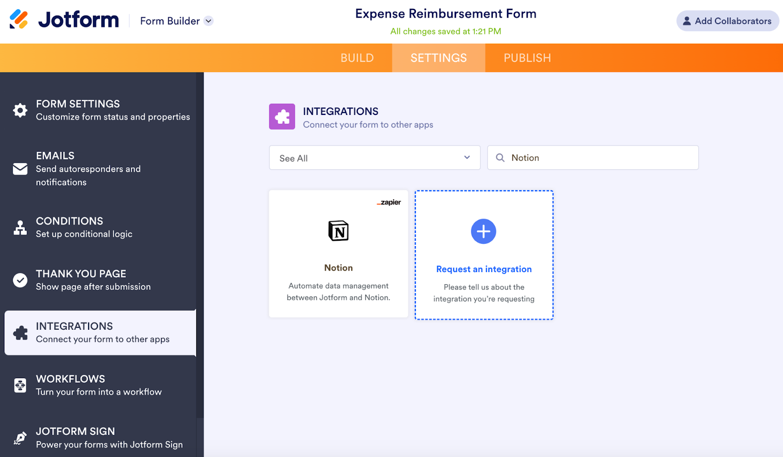 Tangkapan layar halaman integrasi Jotform Form Builder