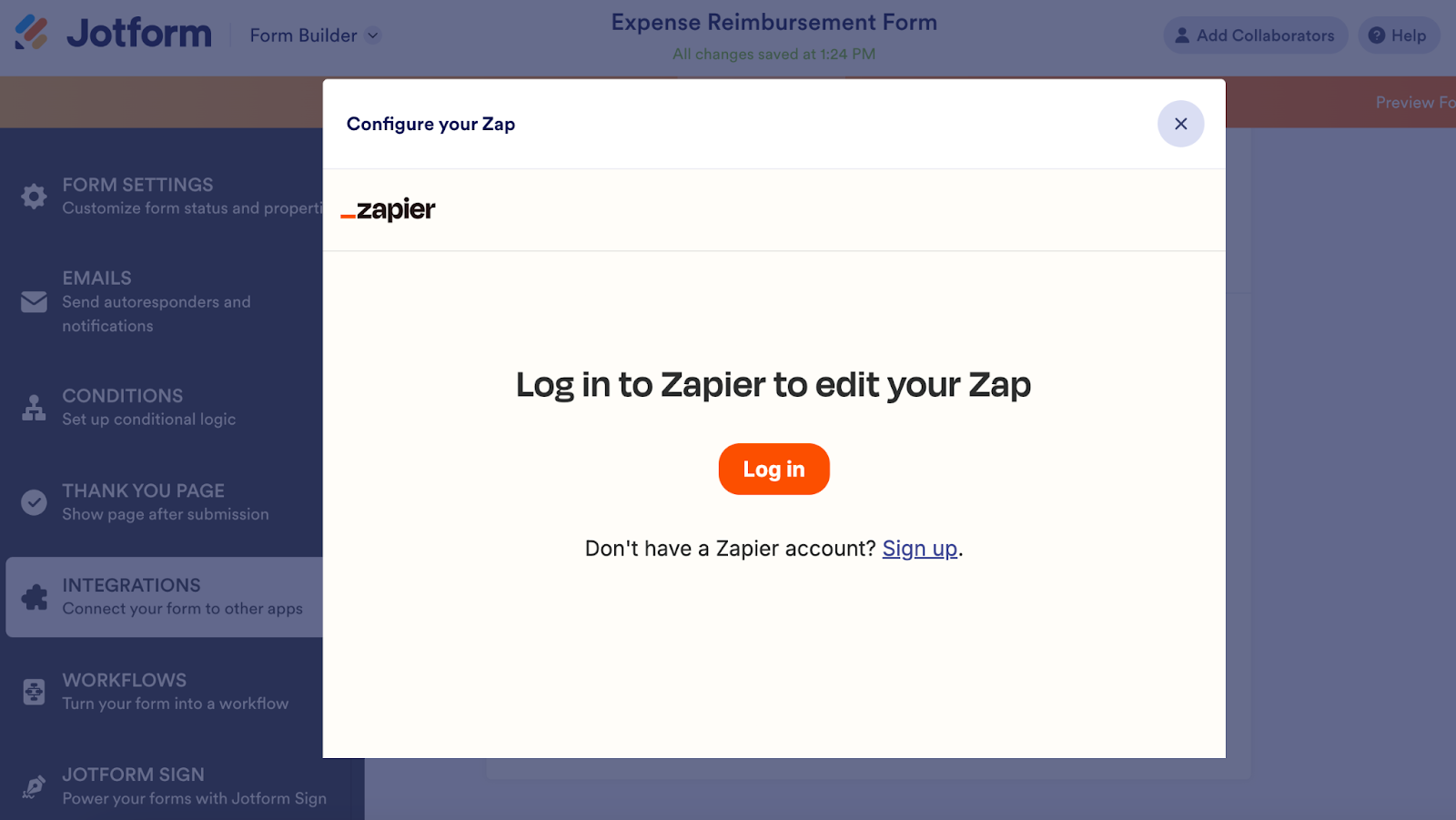 Tangkapan layar pop-up masuk ke Zapier