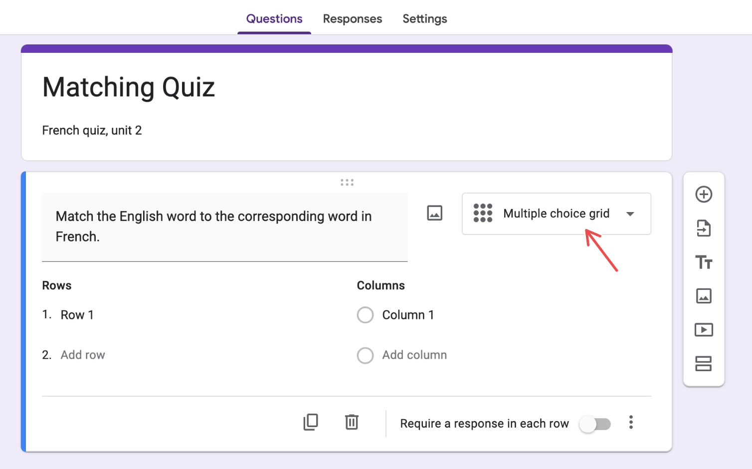 Tangkapan layar Google Form yang sama dengan panah merah menunjukkan "Grid Pilihan Ganda"