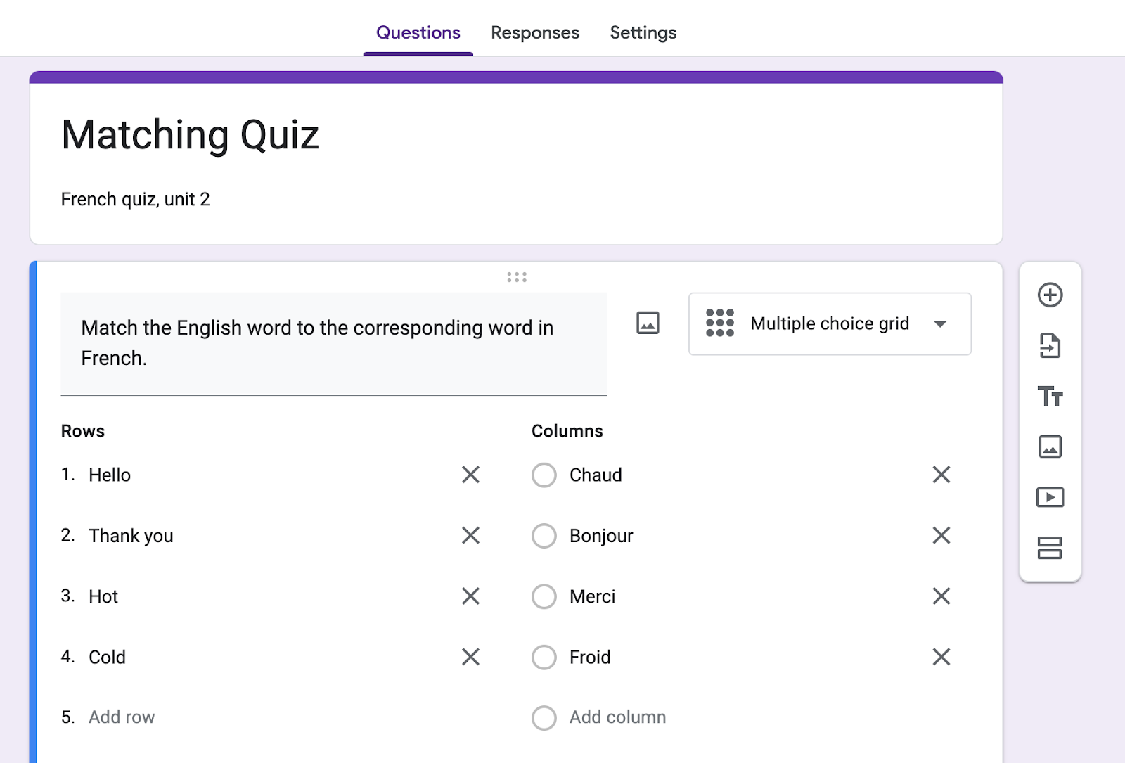 Tangkapan layar pertanyaan cocokkan yang sepenuhnya terformat pada Google Form yang sama