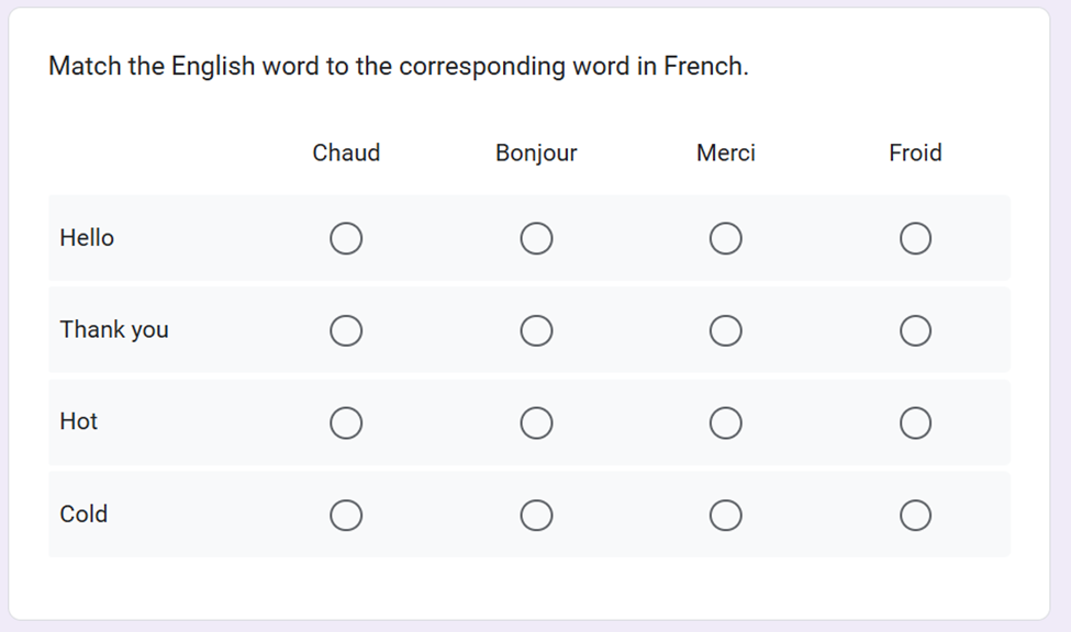 Tangkapan layar kuis cocokkan yang telah selesai di Google Forms dari sisi pengguna