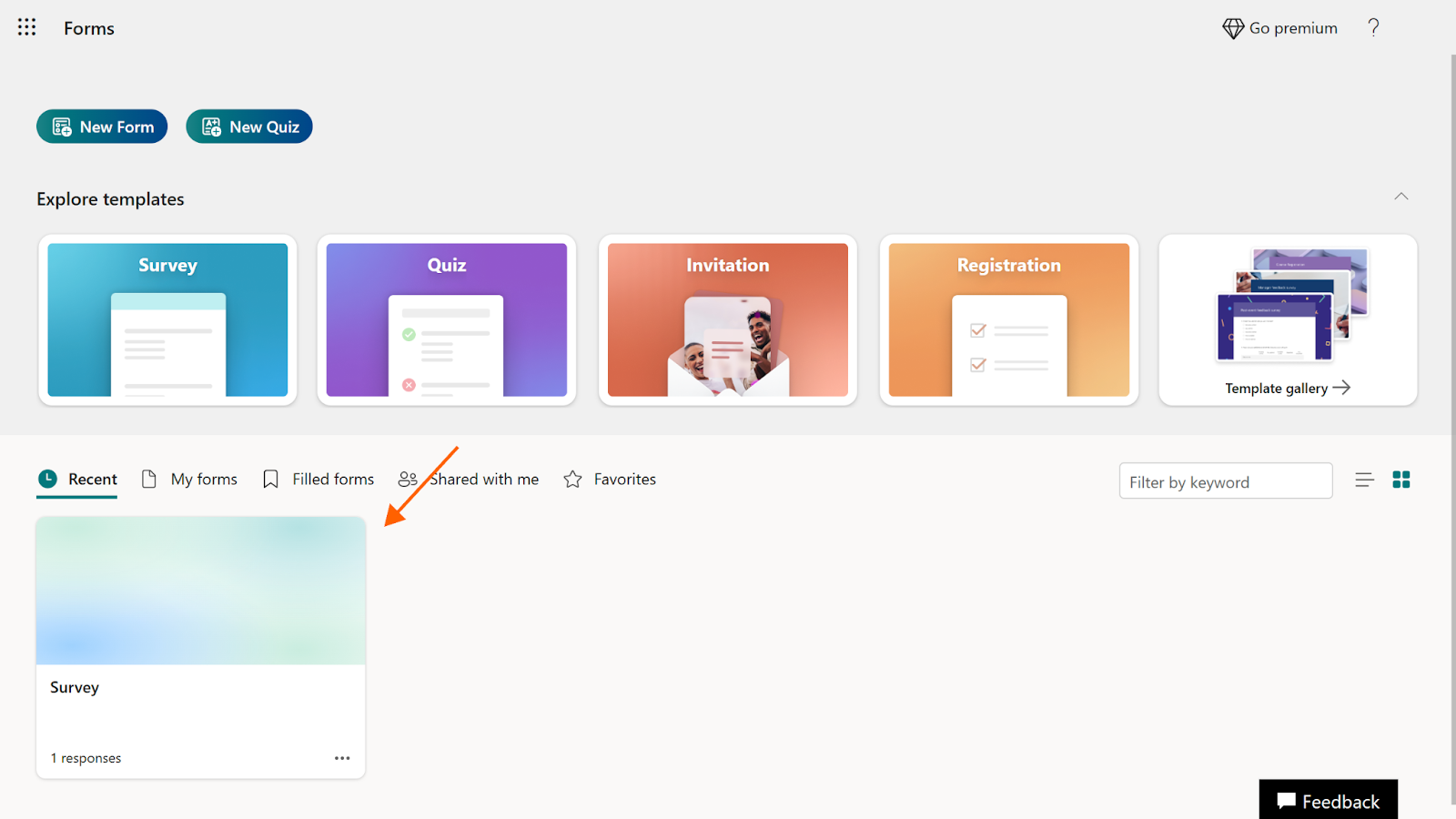 Screenshot of Microsoft Forms home, with an arrow pointing to an existing form