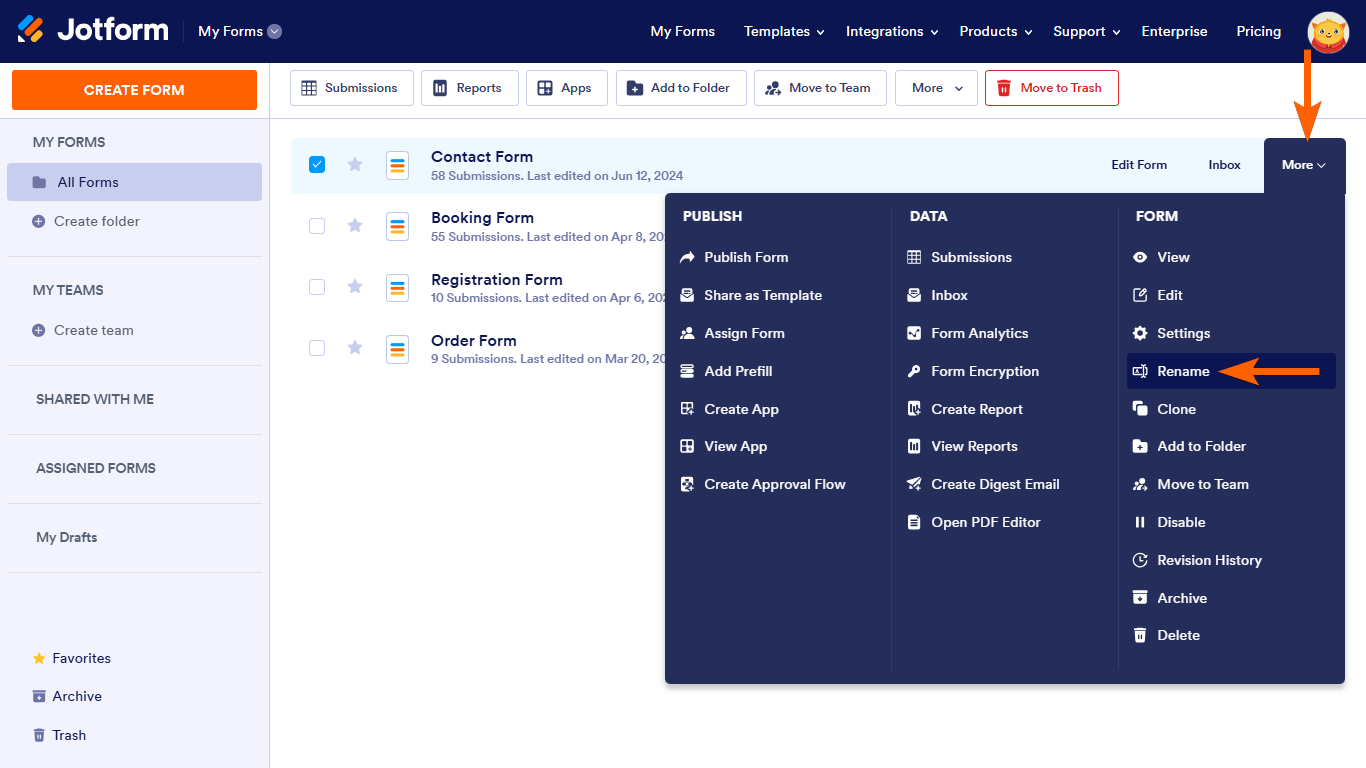 Screenshot of the Jotform My Forms page with arrows pointing to the "More" and "Rename" buttons
