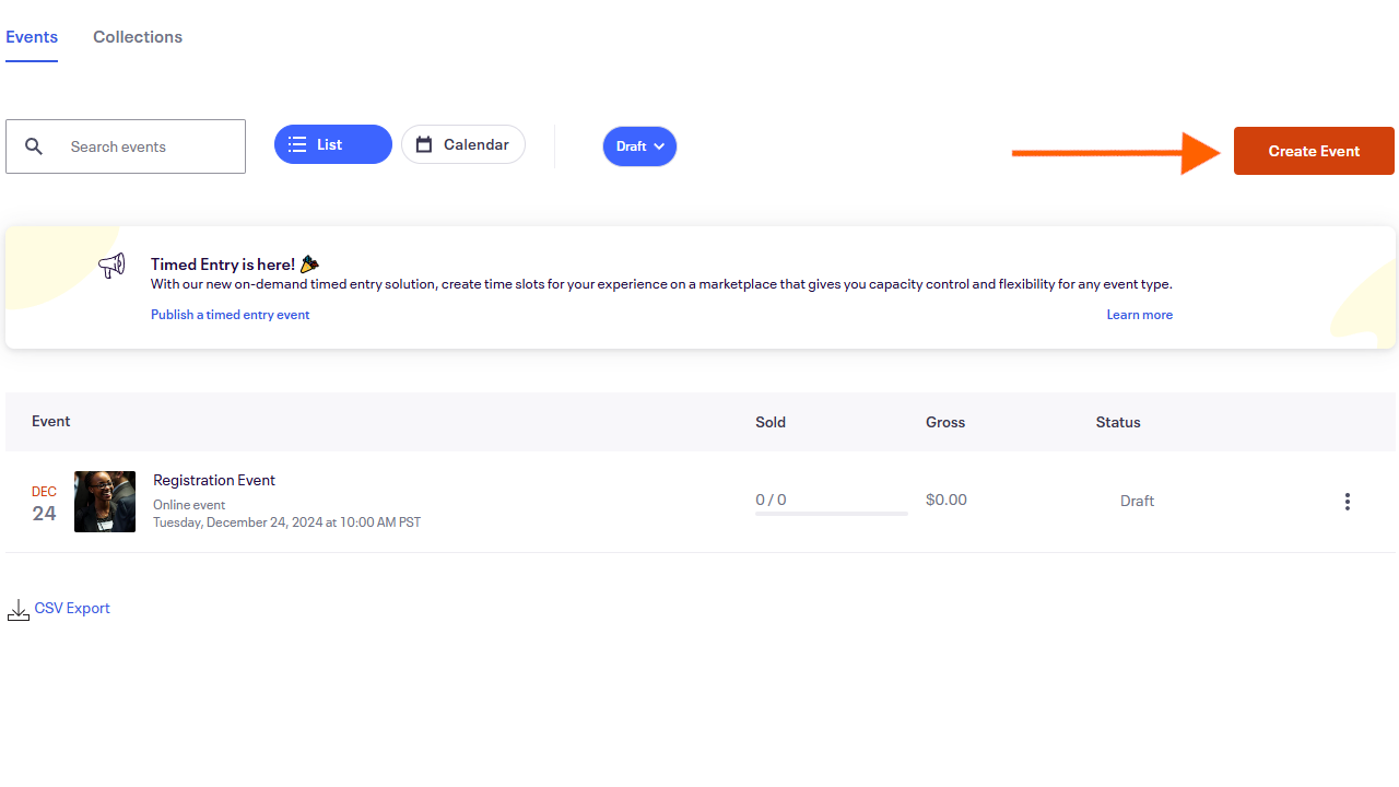 Screenshot of the Eventbrite Dashboard with an arrow pointing to "Create Event"