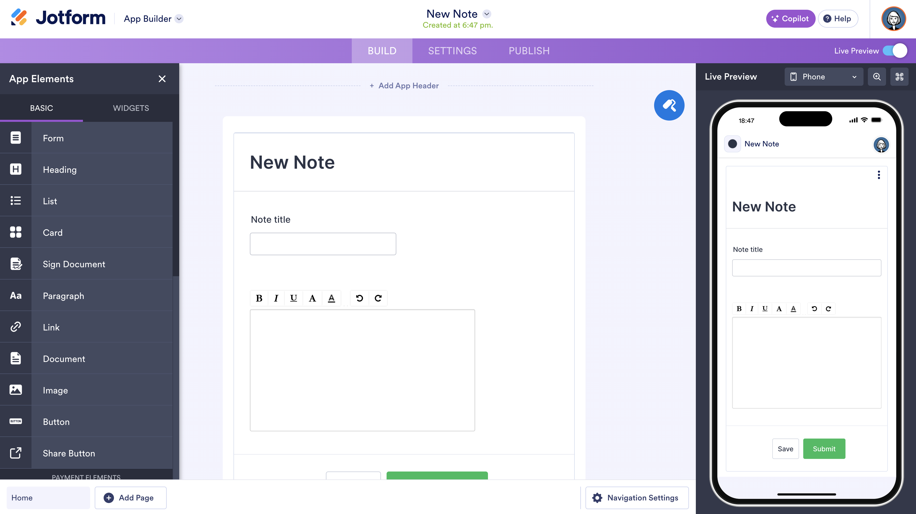 New Note Form in App Builder