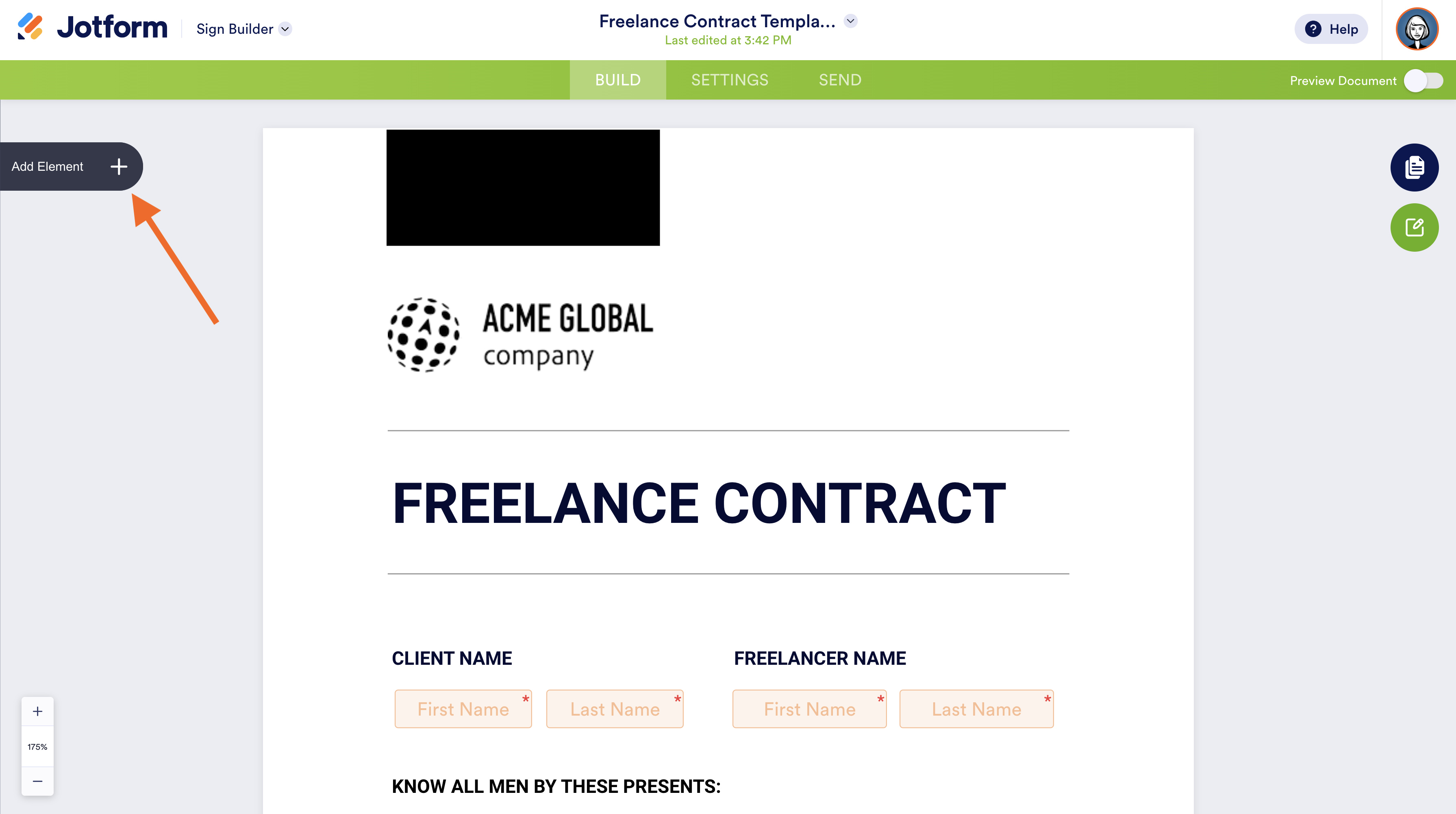 Clicking on Add Element on Jotform Sign Builder