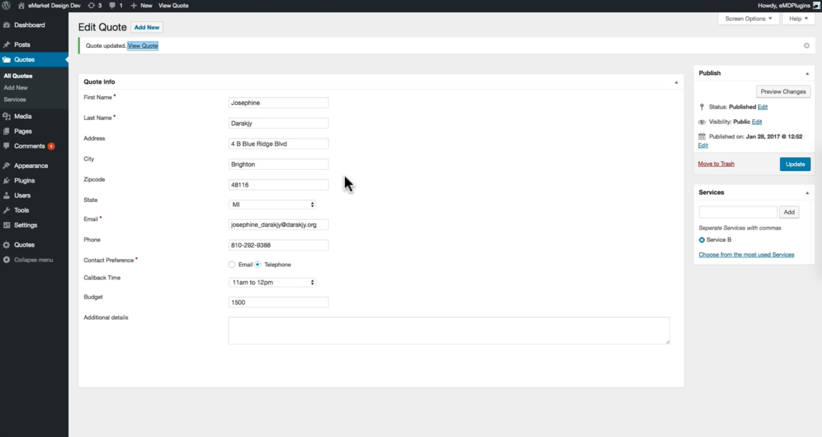 Benutzeroberfläche von Request a Quote Plugin