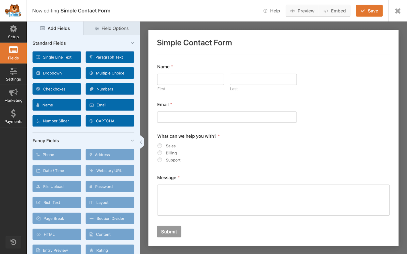 Benutzeroberfläche von WPForms Plugin