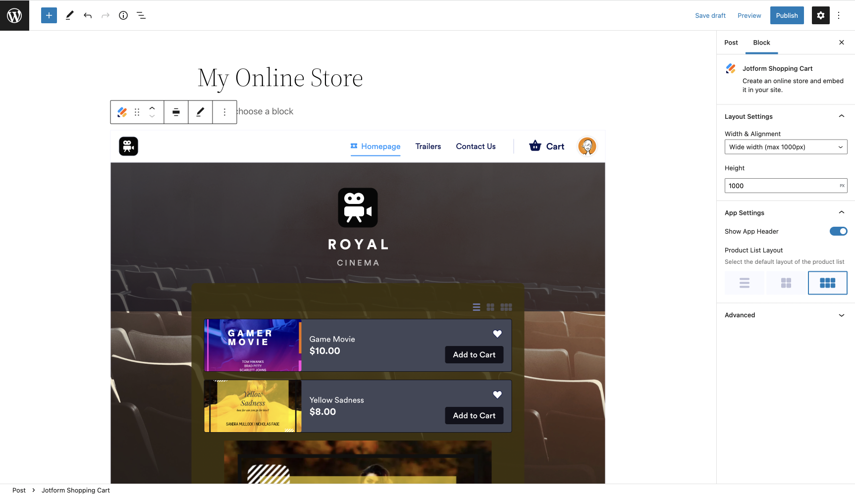 Jotform Shopping Card Plug-in in WordPress