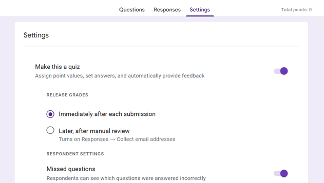 Tangkapan layar pengaturan Google Forms yang sama dengan "Jadikan ini kuis" dipilih