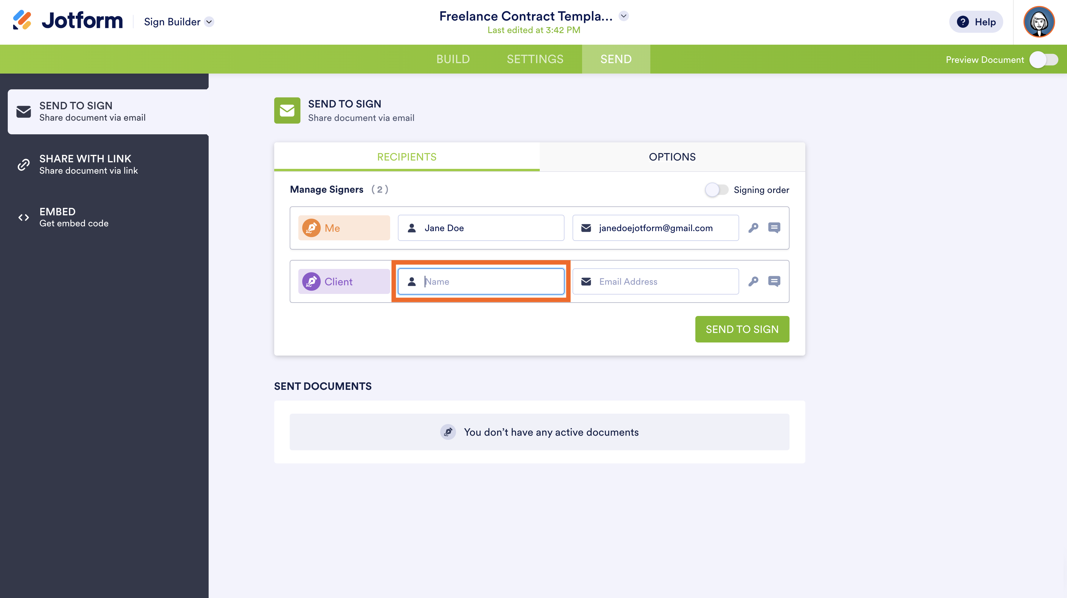 Entering the client name under the signers in Jotform Sign