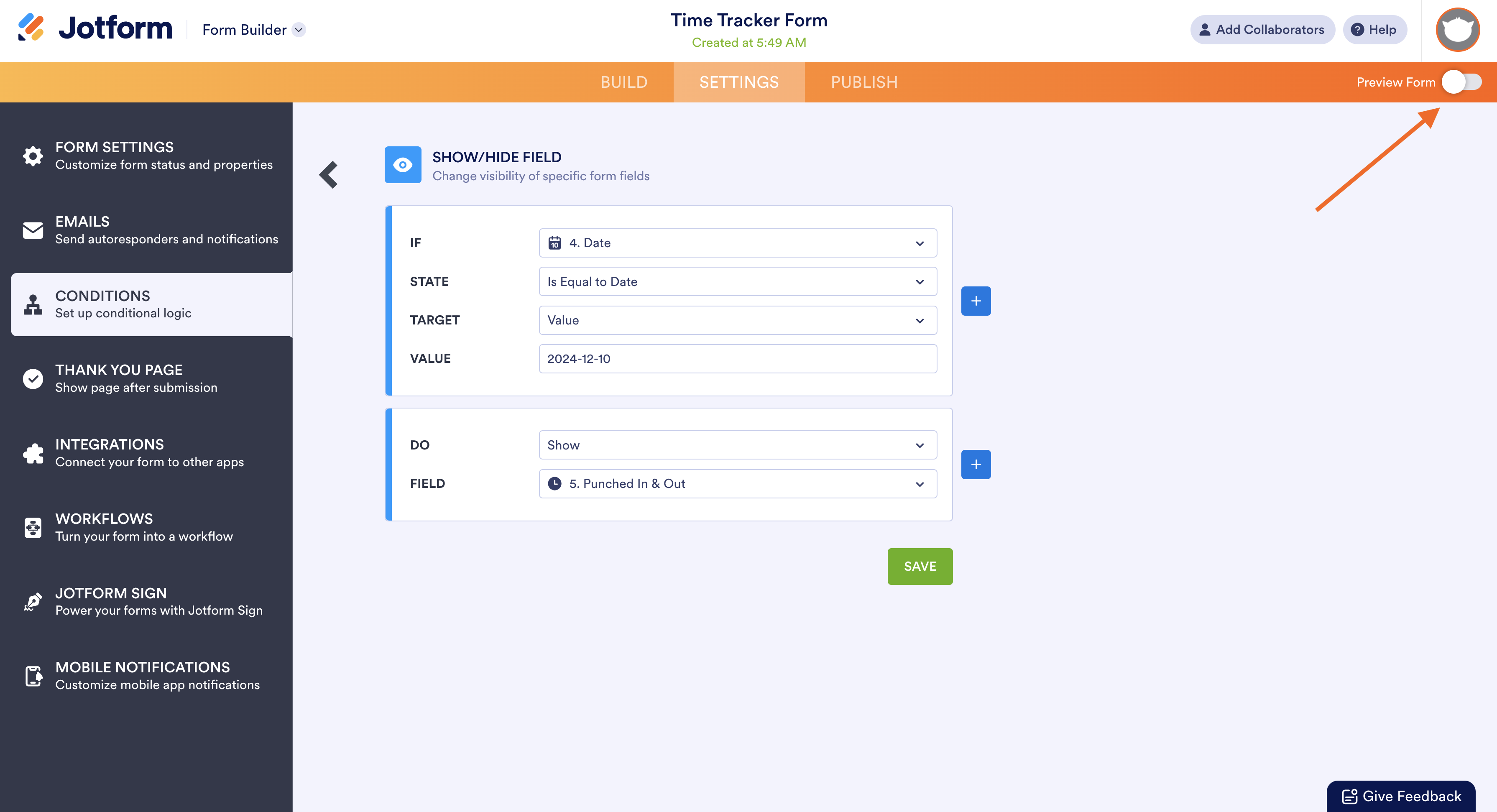 Screenshot showing the toggle for Preview Form in Jotform