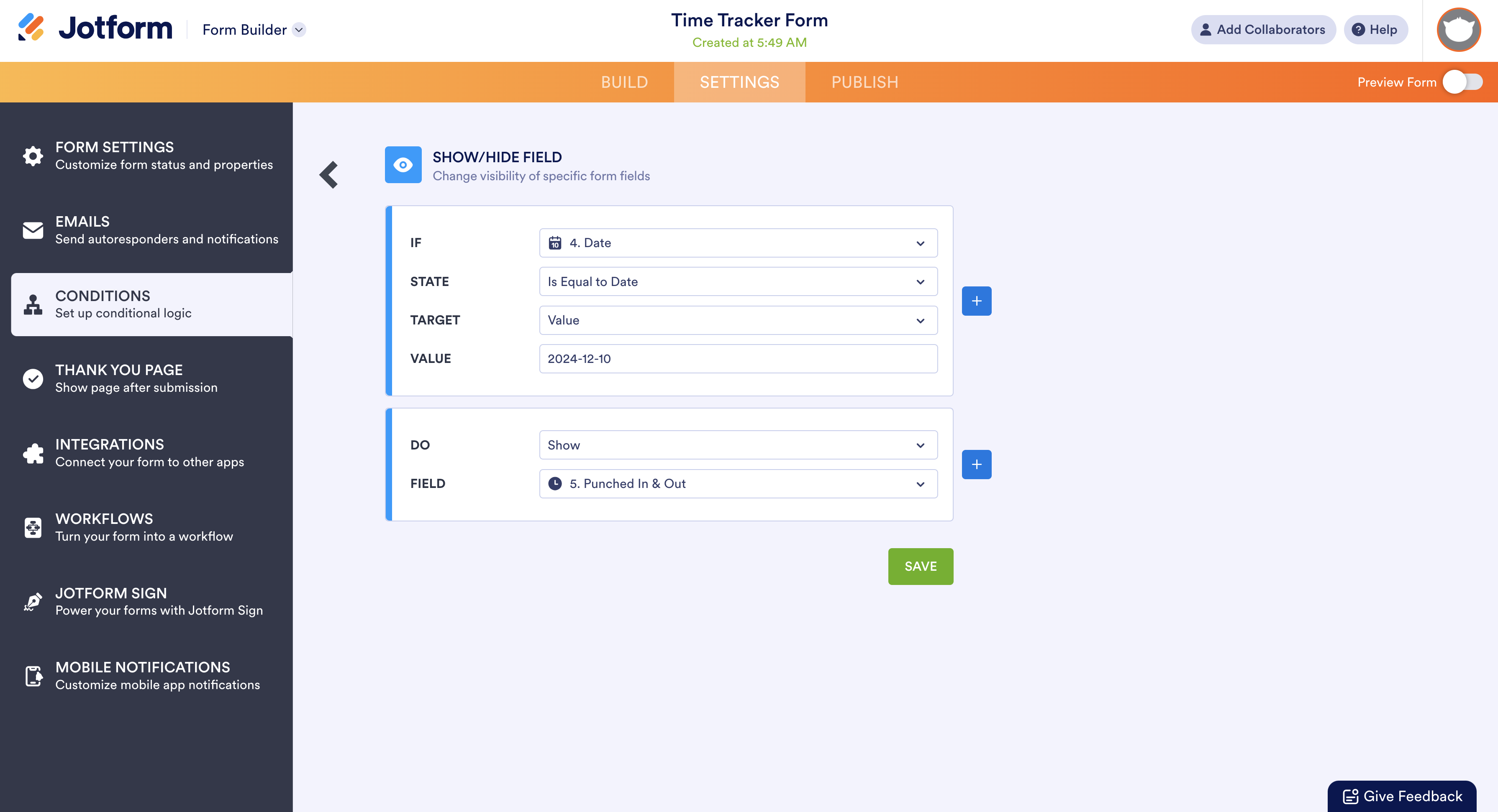 Screenshot of Show/Hide Fields conditional logic options in Jotform