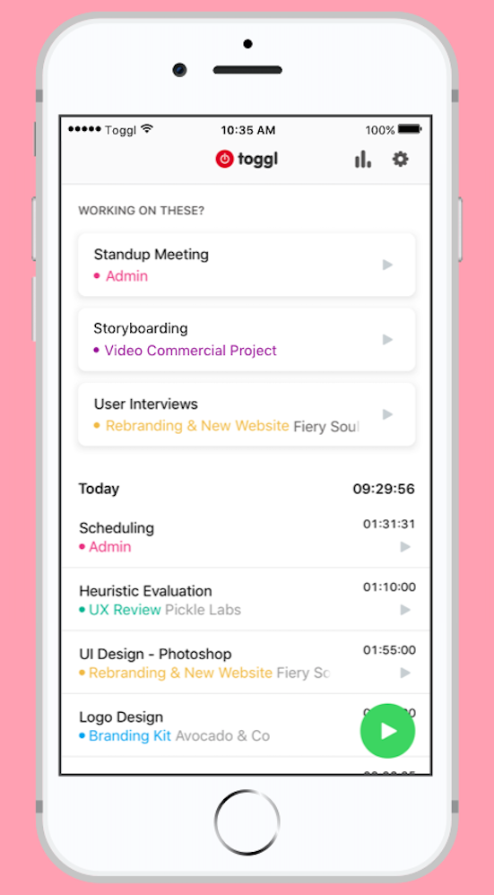 User Interface of Toggl on Mobile