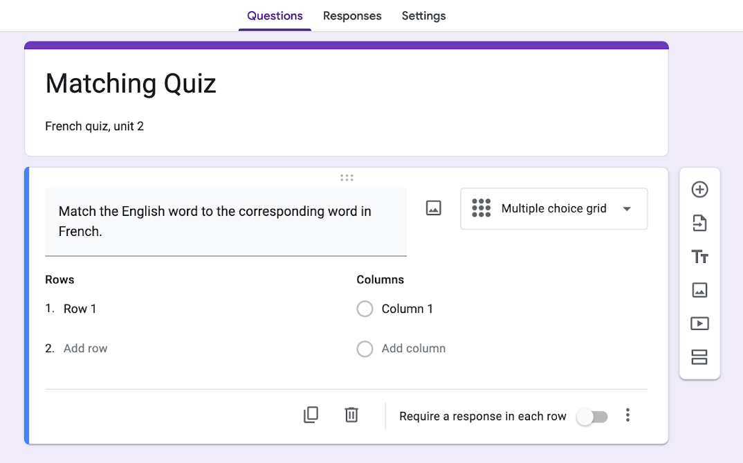 Tangkapan layar dari Google Form yang sama dengan pertanyaan "Cocokkan kata Inggris dengan padanannya dalam bahasa Prancis" dan baris serta kolom di bawahnya