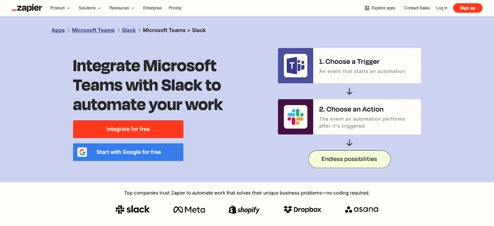 Zapier-Integrationsseite für Microsoft Teams und Slack