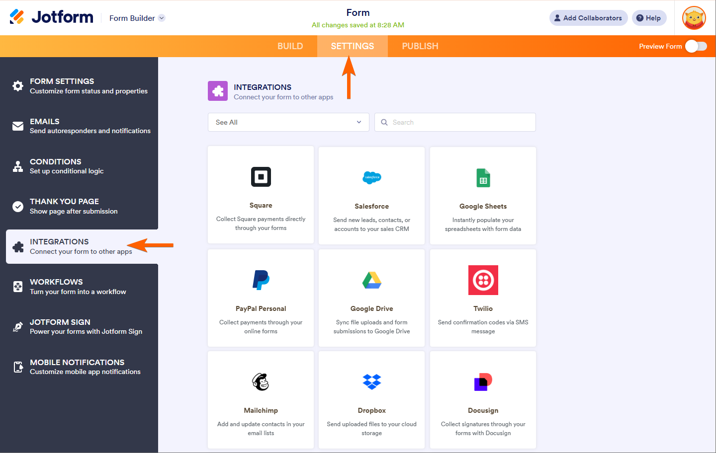 Ir a Integraciones del Creador de Formularios de Jotform