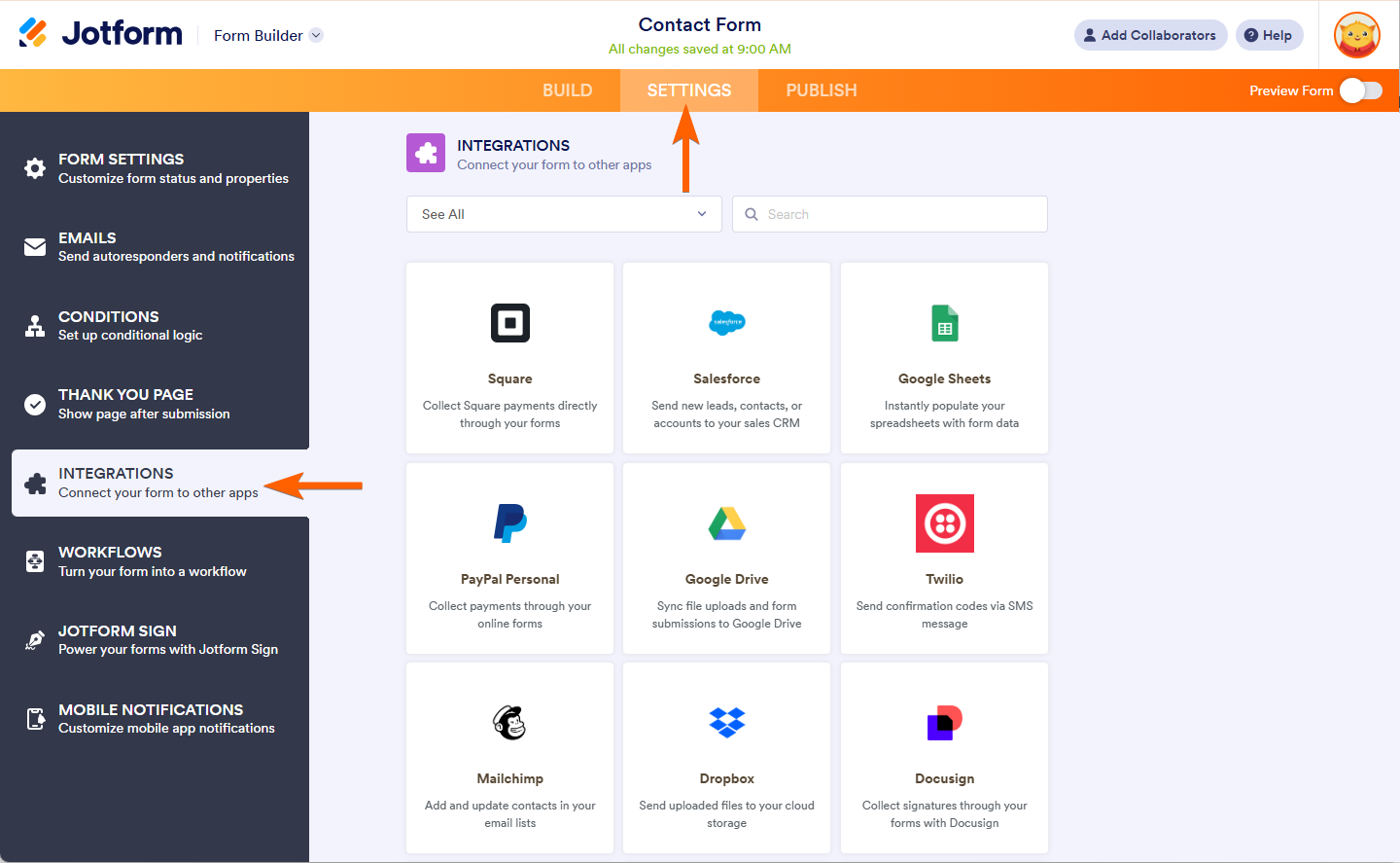 Integrations Tab List in Jotform Builder