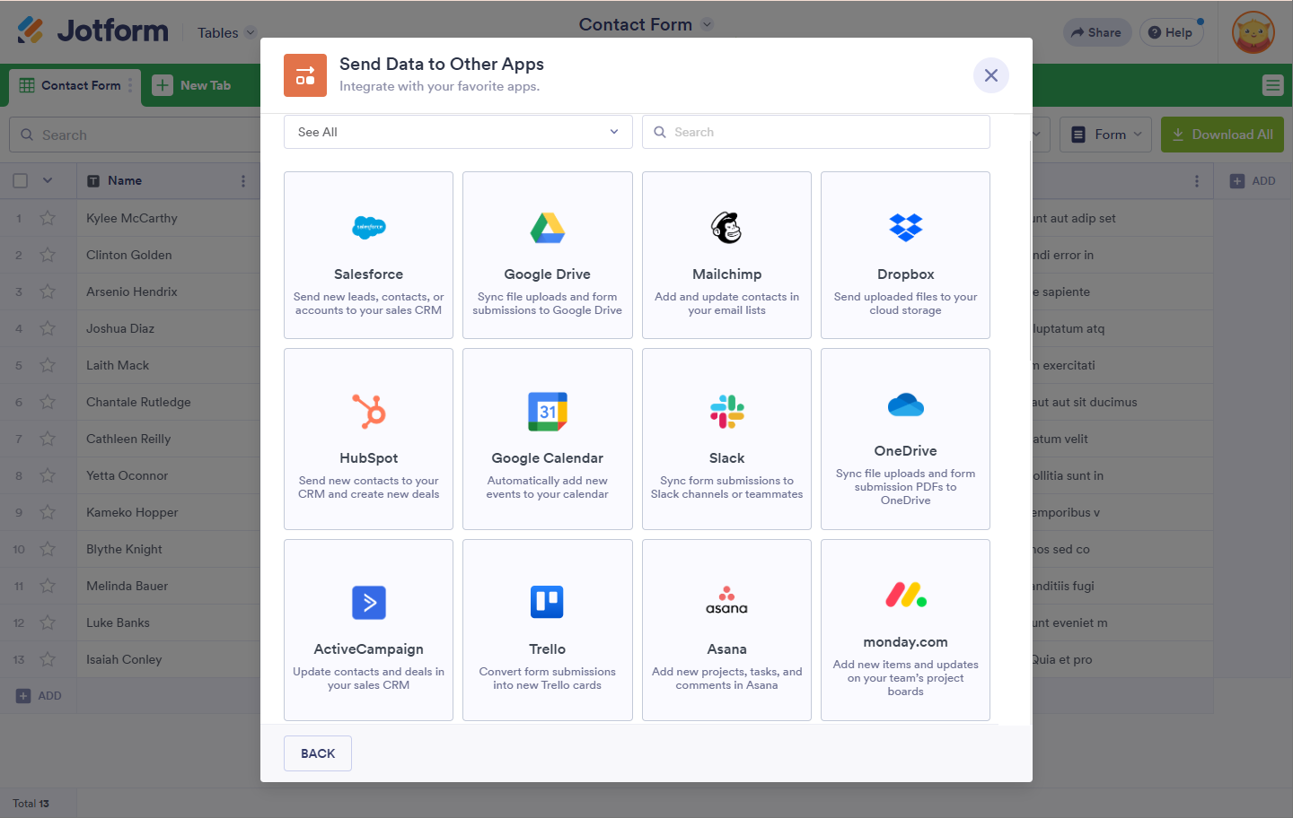 Integrations List in Send Data to Other Apps Action Button in Jotform Tables