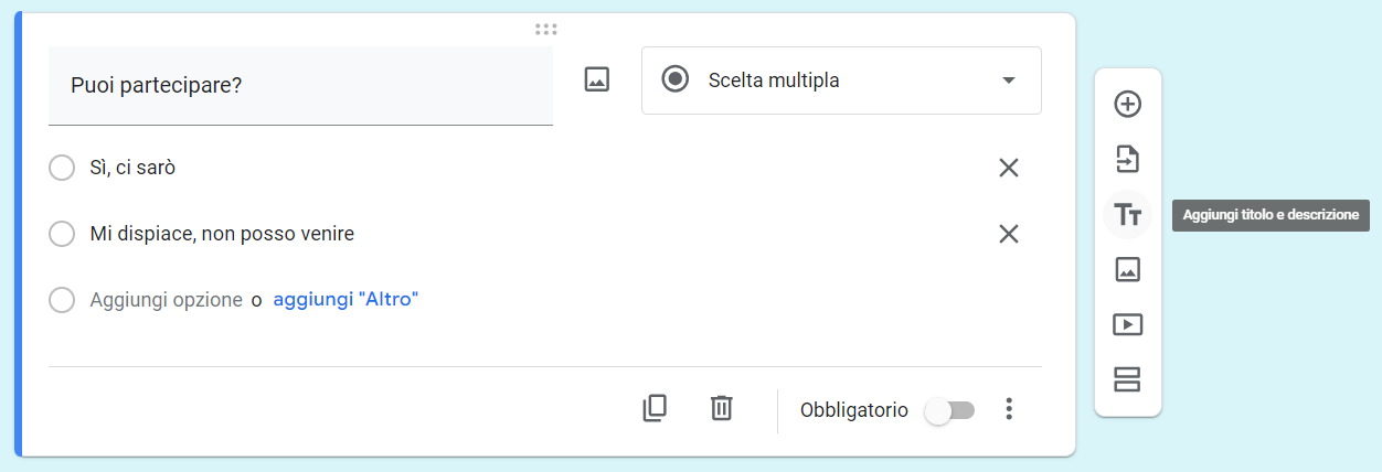 Personalizzazione delle domande in Moduli Google con “Aggiungi titolo e descrizione” in evidenza