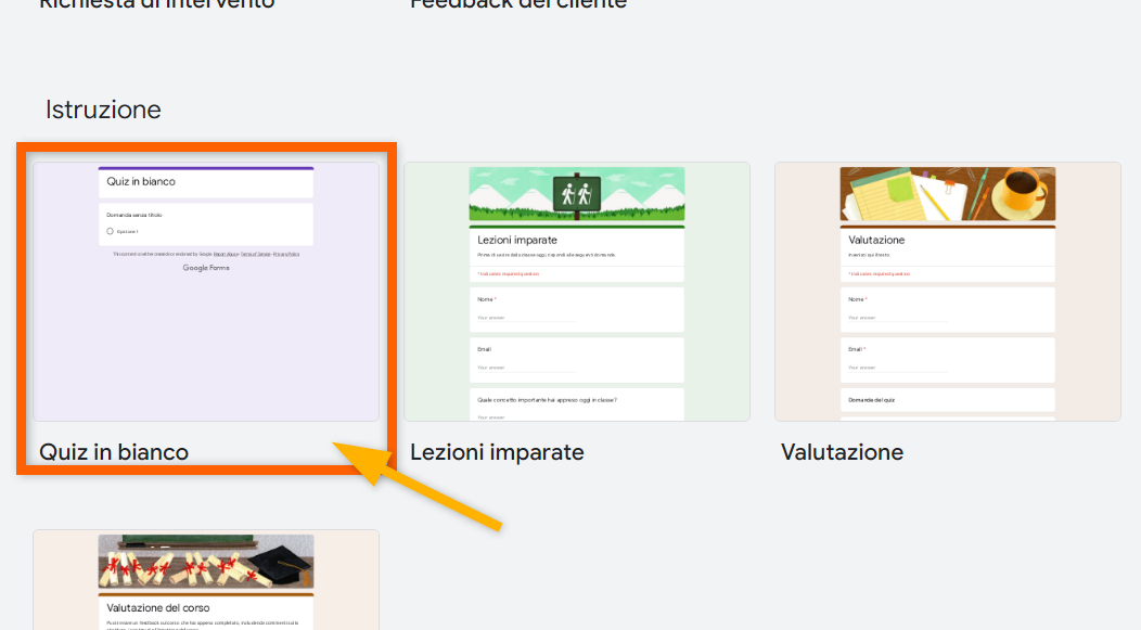 Uno screenshot che mostra le opzioni dei modelli didattici in Moduli Google