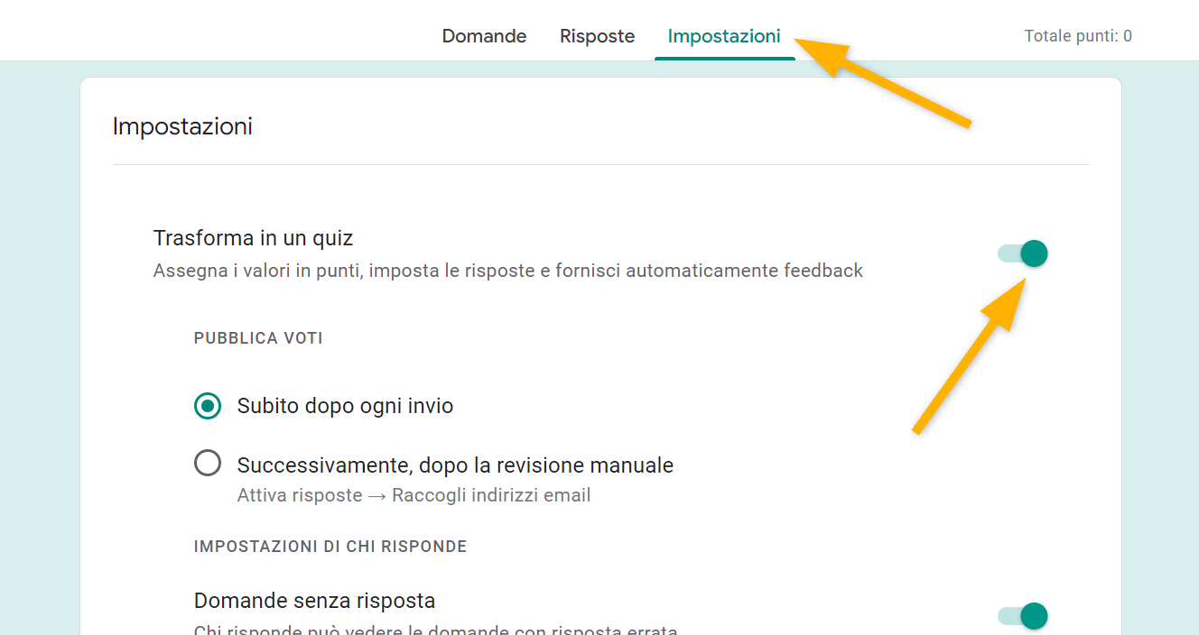 Uno screenshot che mostra il menu delle impostazioni in un modulo Google