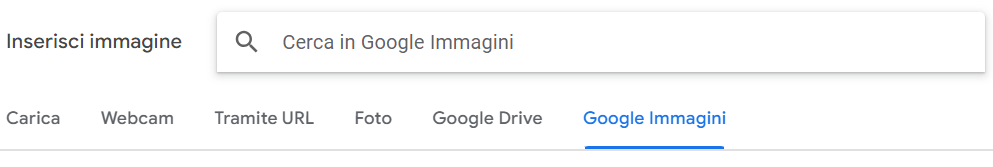 Screenshot della sezione Inserisci immagine su Moduli Google con la scheda Google immagini selezionata