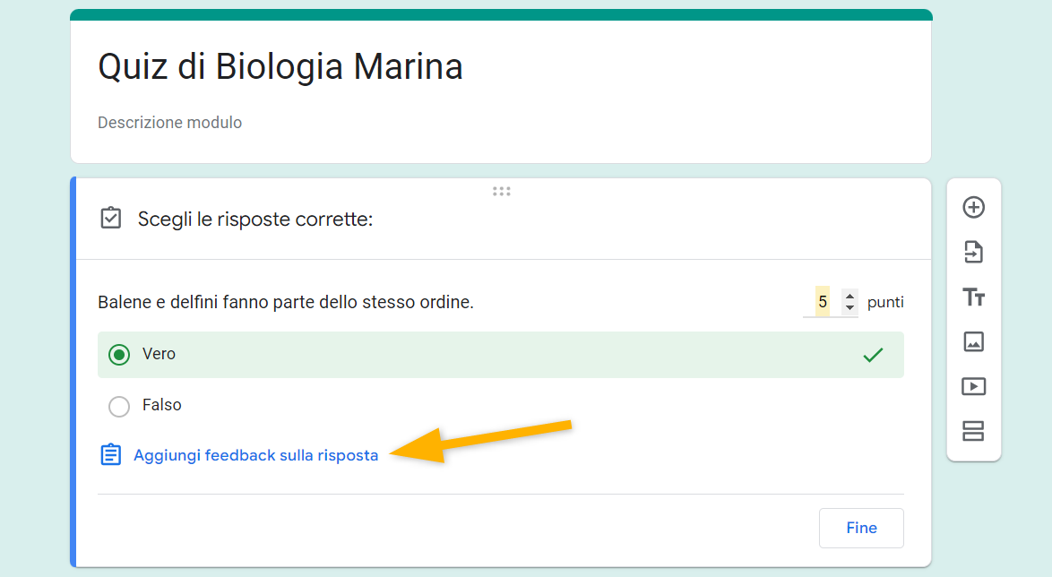 Uno screenshot che mostra l'opzione "Aggiungi feedback sulla risposta" in basso a sinistra della selezione della chiave di risposta