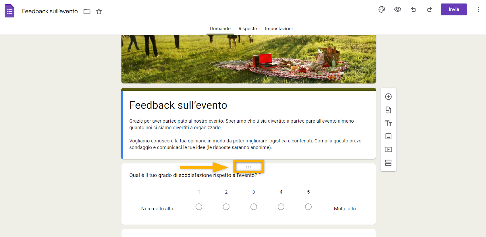 Un modulo di feedback online su un evento con l'immagine principale di un picnic e al di sotto viene mostrata una domanda con scala di valutazione