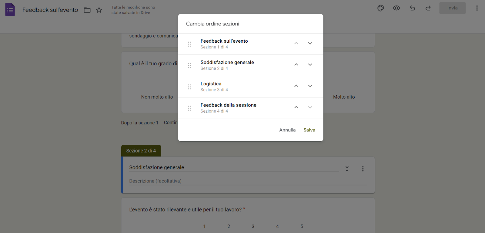Una finestra pop-up su un modulo di feedback di un evento che consente all'utente di riordinare le sezioni del sondaggio