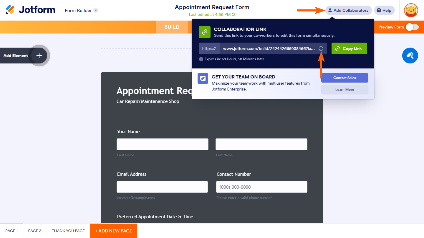 Refresh button of the Form Collaboration Link in Jotform Form Builder