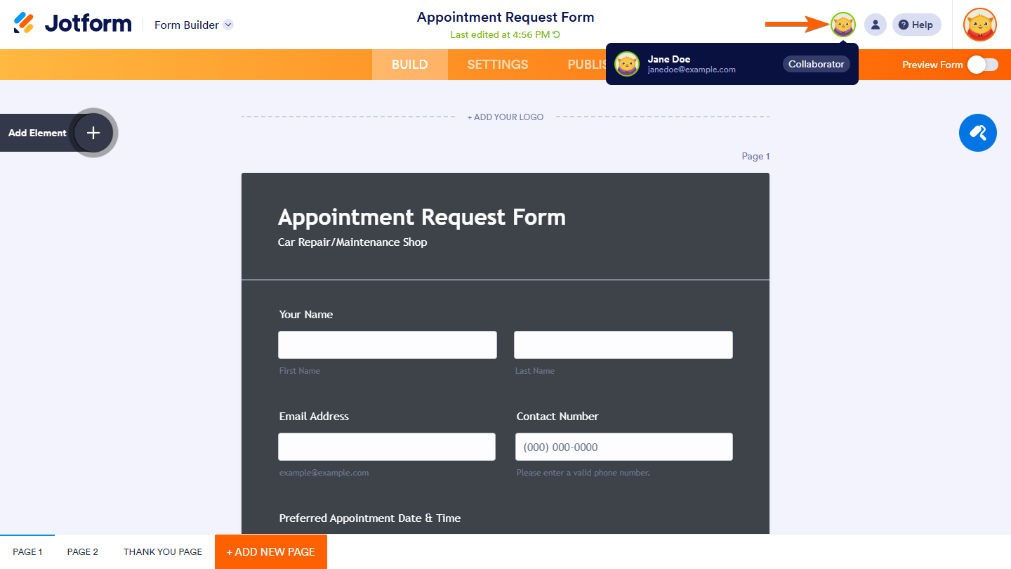 Logged-in user form collaborator avatar in Jotform Form Builder