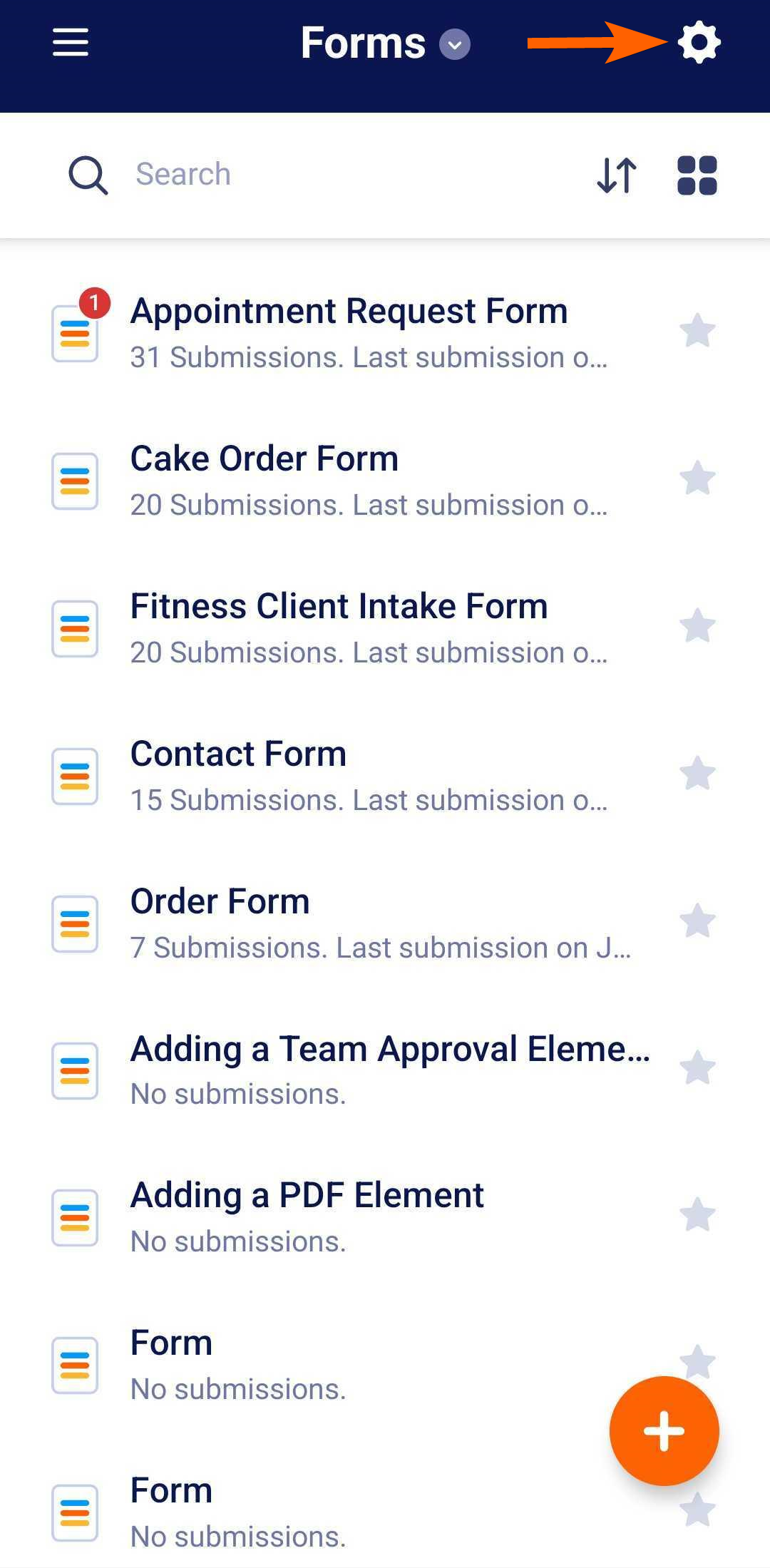 Icono de engranaje en la App móvil de Jotform para abrir Configuraciones