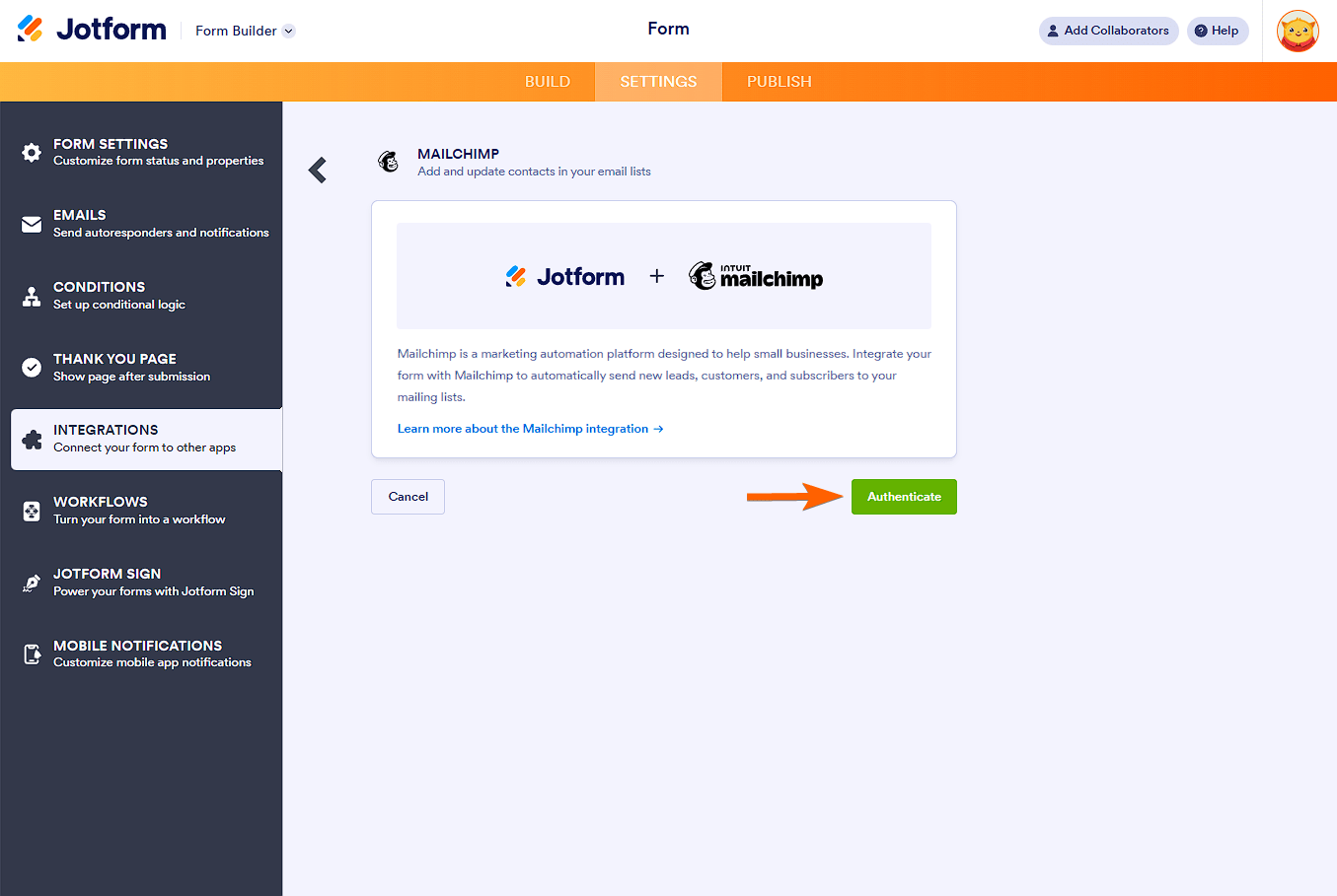 Botón de Autenticar en la integración de Mailchimp